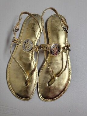 Tory Burch Metallic Gold Logo Slingback Sandals Size 8M.
